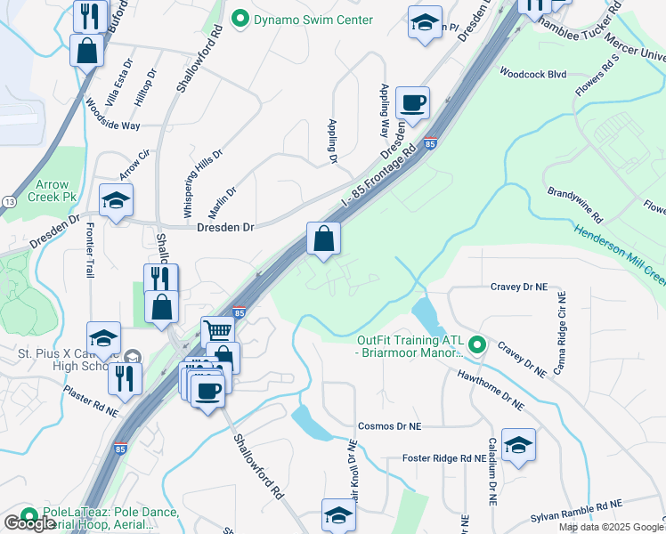 map of restaurants, bars, coffee shops, grocery stores, and more near 3113 Colonial Way in Atlanta