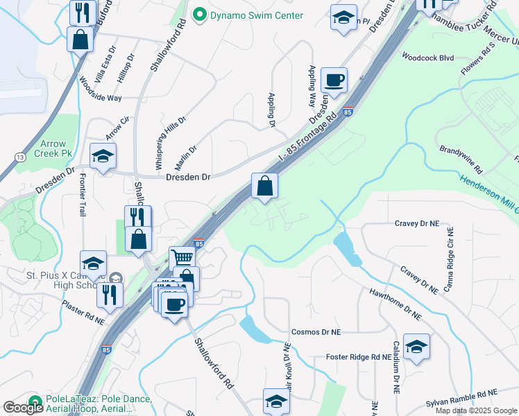 map of restaurants, bars, coffee shops, grocery stores, and more near 3113 Colonial Way in Atlanta