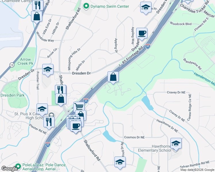 map of restaurants, bars, coffee shops, grocery stores, and more near in DeKalb County