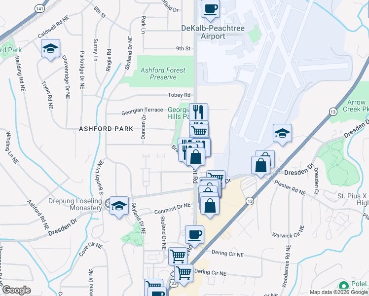 map of restaurants, bars, coffee shops, grocery stores, and more near 2777 Georgian Drive East in Chamblee
