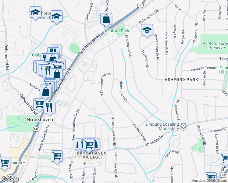 map of restaurants, bars, coffee shops, grocery stores, and more near 2769 Ashford Road Northeast in Atlanta