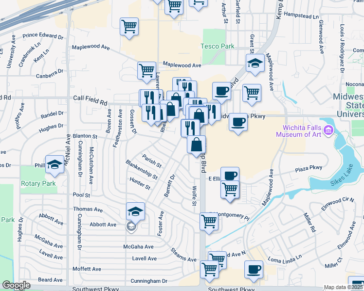 map of restaurants, bars, coffee shops, grocery stores, and more near 4017-4121 Faith Road in Wichita Falls