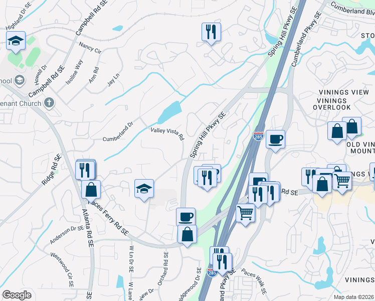 map of restaurants, bars, coffee shops, grocery stores, and more near 3394 Bryerstone Circle Southeast in Smyrna