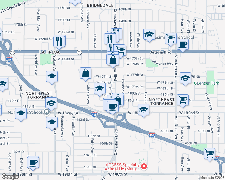 map of restaurants, bars, coffee shops, grocery stores, and more near 17901 Crenshaw Boulevard in Torrance