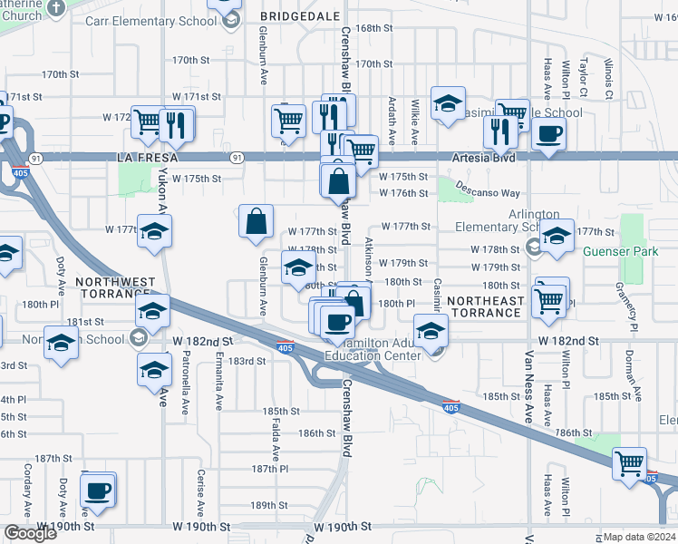 map of restaurants, bars, coffee shops, grocery stores, and more near 17901 Crenshaw Boulevard in Torrance