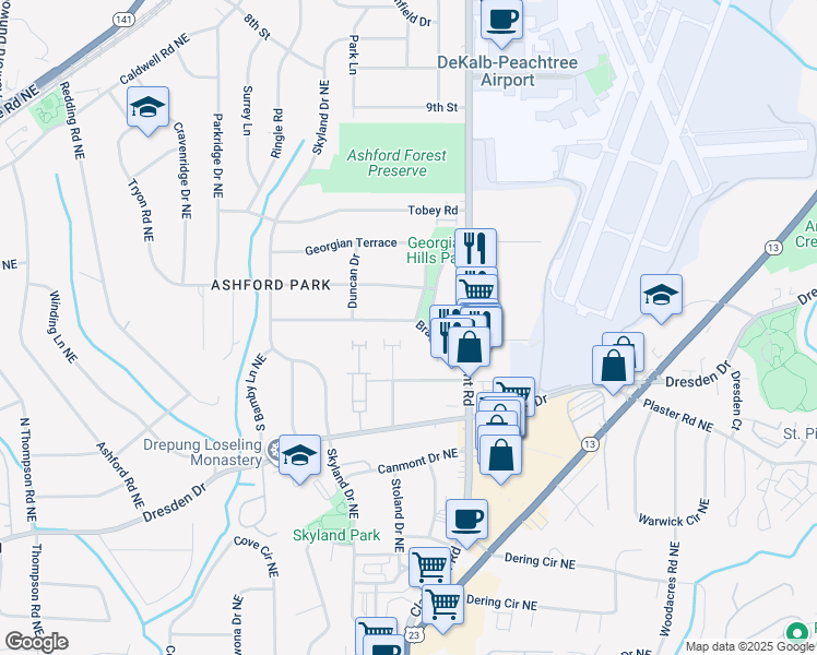 map of restaurants, bars, coffee shops, grocery stores, and more near 1879 Bragg Street in Chamblee