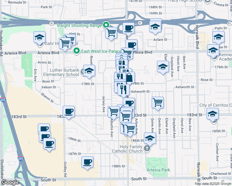 map of restaurants, bars, coffee shops, grocery stores, and more near 17833 Alburtis Avenue in Artesia