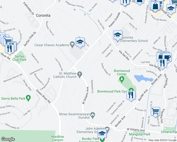 map of restaurants, bars, coffee shops, grocery stores, and more near 1713 Kirkwood Drive in Corona