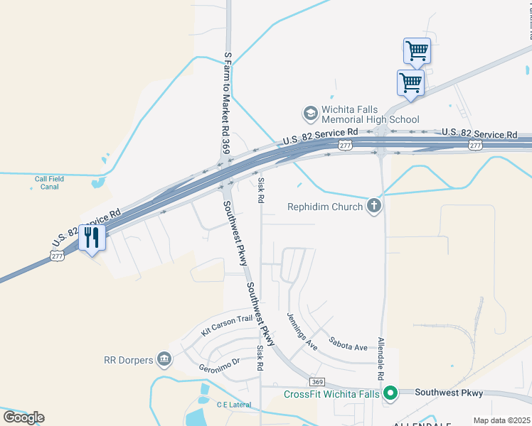 map of restaurants, bars, coffee shops, grocery stores, and more near 4429 Sisk Road in Wichita Falls