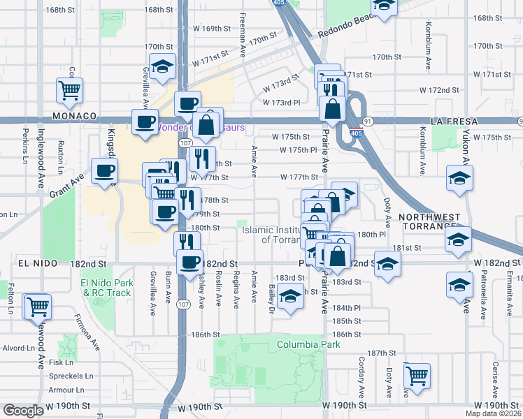 map of restaurants, bars, coffee shops, grocery stores, and more near 4110 West 178th Street in Torrance