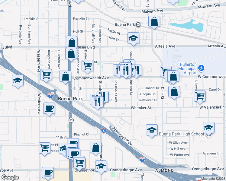 map of restaurants, bars, coffee shops, grocery stores, and more near 6342 Los Robles Avenue in Buena Park