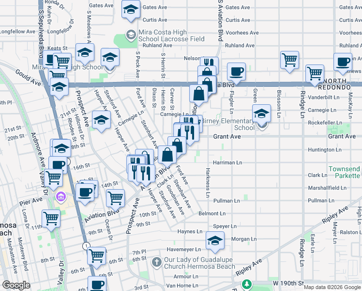 map of restaurants, bars, coffee shops, grocery stores, and more near 1524 Wollacott Street in Redondo Beach