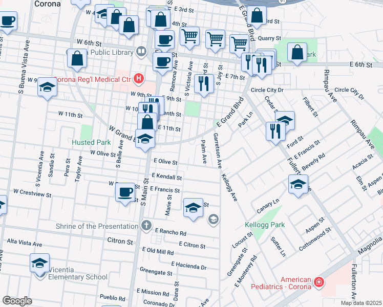 map of restaurants, bars, coffee shops, grocery stores, and more near 1223 Peppertree Lane in Corona