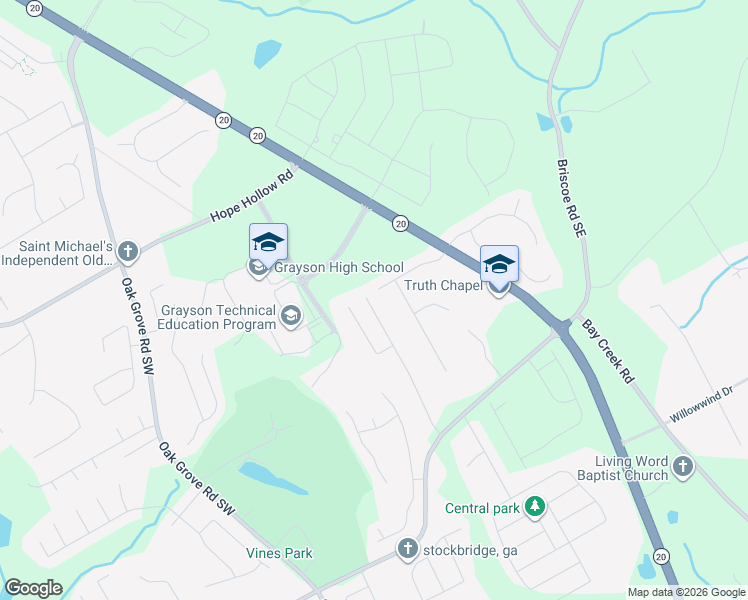 map of restaurants, bars, coffee shops, grocery stores, and more near 3320 Gardenside Drive Southwest in Loganville