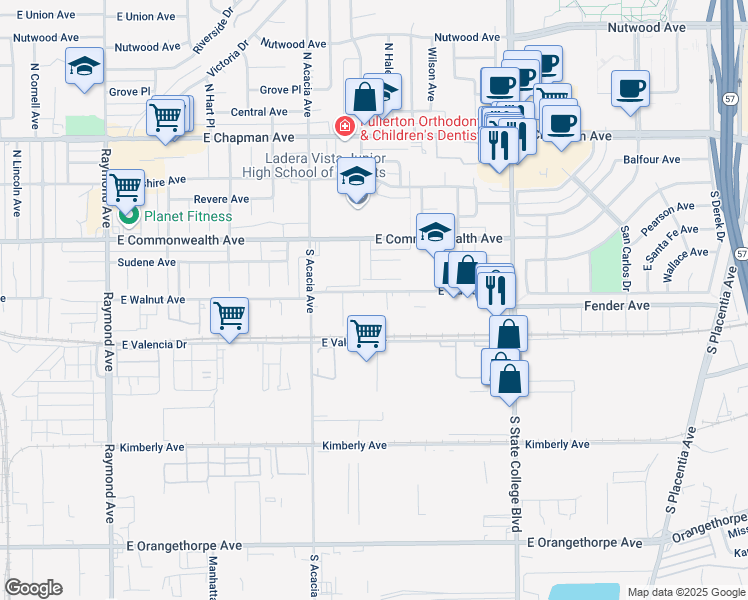 map of restaurants, bars, coffee shops, grocery stores, and more near 2030 East Walnut Avenue in Fullerton