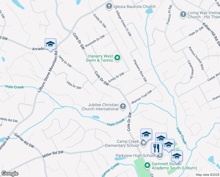 map of restaurants, bars, coffee shops, grocery stores, and more near 607 Cole Drive Southwest in Lilburn