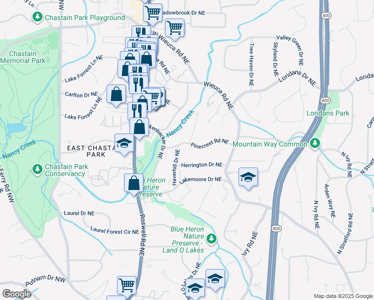 map of restaurants, bars, coffee shops, grocery stores, and more near 321 Pinecrest Road Northeast in Atlanta