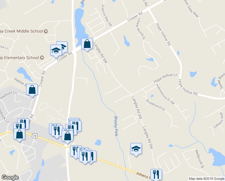map of restaurants, bars, coffee shops, grocery stores, and more near 490 Langley Creek Drive in Loganville