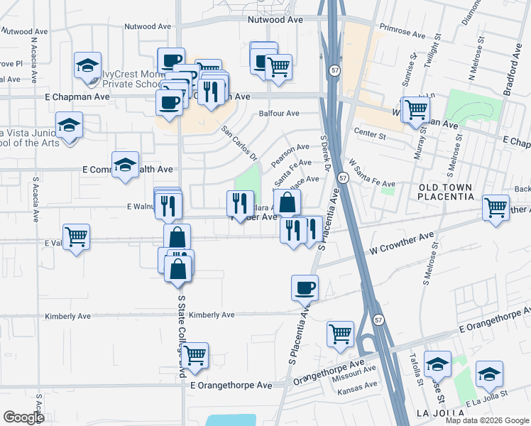 map of restaurants, bars, coffee shops, grocery stores, and more near 2500 Santa Clara Avenue in Fullerton