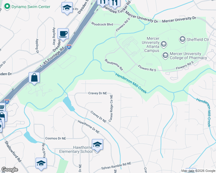 map of restaurants, bars, coffee shops, grocery stores, and more near 2867 Cravey Trail Northeast in Atlanta