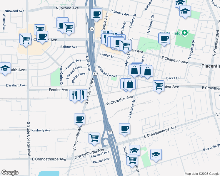map of restaurants, bars, coffee shops, grocery stores, and more near 341 Monterey Way in Placentia