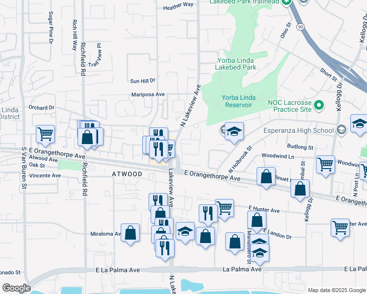 map of restaurants, bars, coffee shops, grocery stores, and more near 4510 Hightree Circle in Anaheim