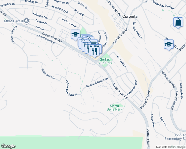 map of restaurants, bars, coffee shops, grocery stores, and more near 1500 Elegante Court in Corona