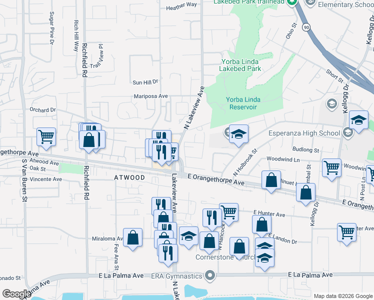 map of restaurants, bars, coffee shops, grocery stores, and more near 4510 Hightree Circle in Anaheim