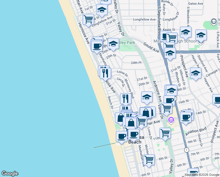map of restaurants, bars, coffee shops, grocery stores, and more near 47 21st Court in Hermosa Beach