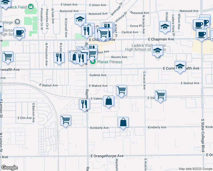 map of restaurants, bars, coffee shops, grocery stores, and more near 1401 East Walnut Avenue in Fullerton