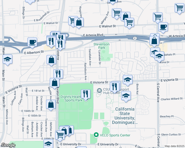 map of restaurants, bars, coffee shops, grocery stores, and more near 832 East Penrod Drive in Carson