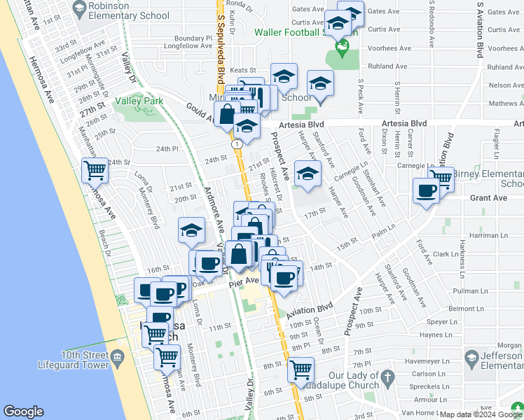 map of restaurants, bars, coffee shops, grocery stores, and more near 825 18th Street in Hermosa Beach