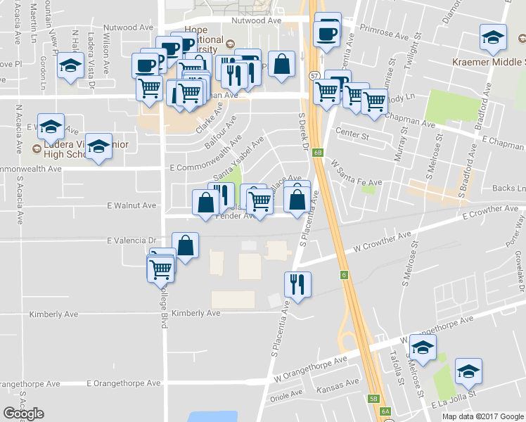 map of restaurants, bars, coffee shops, grocery stores, and more near 2524 Santa Clara Avenue in Fullerton