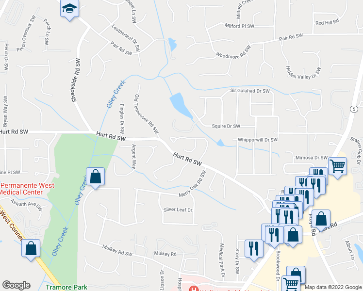 map of restaurants, bars, coffee shops, grocery stores, and more near 3510 Baroney Lane Southwest in Marietta