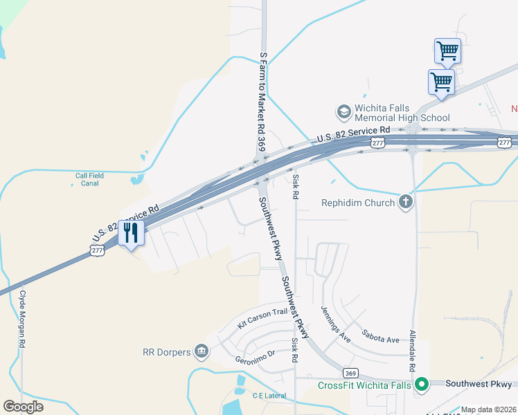 map of restaurants, bars, coffee shops, grocery stores, and more near 6763 Southwest Parkway in Wichita Falls