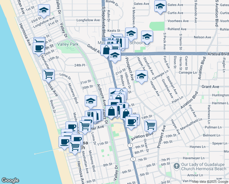 map of restaurants, bars, coffee shops, grocery stores, and more near 1837 East Pacific Coast Highway in Hermosa Beach