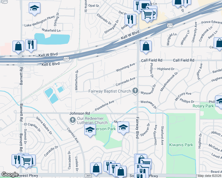 map of restaurants, bars, coffee shops, grocery stores, and more near 4611 Coronado Avenue in Wichita Falls