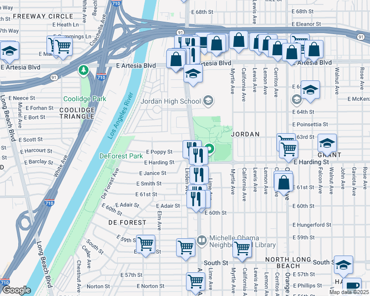 map of restaurants, bars, coffee shops, grocery stores, and more near 6255 Atlantic Avenue in Long Beach