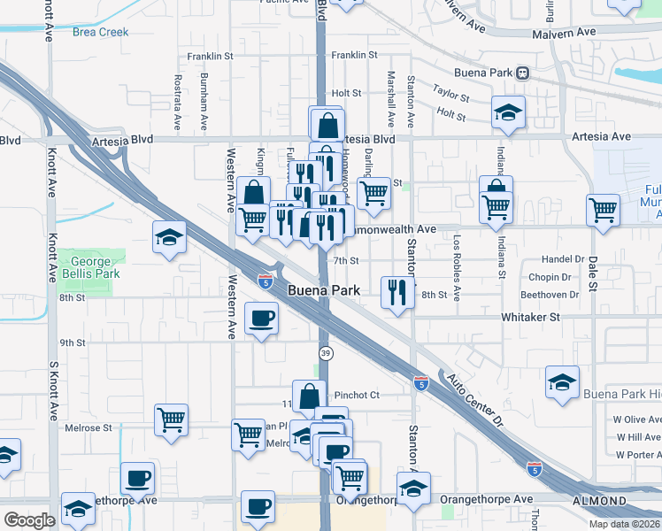 map of restaurants, bars, coffee shops, grocery stores, and more near 6342 Beach Boulevard in Buena Park