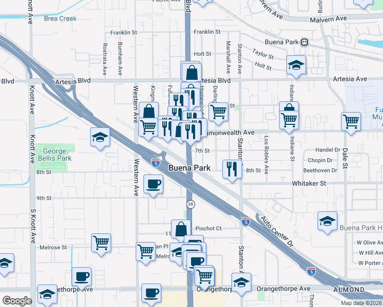 map of restaurants, bars, coffee shops, grocery stores, and more near 6342 Beach Boulevard in Buena Park