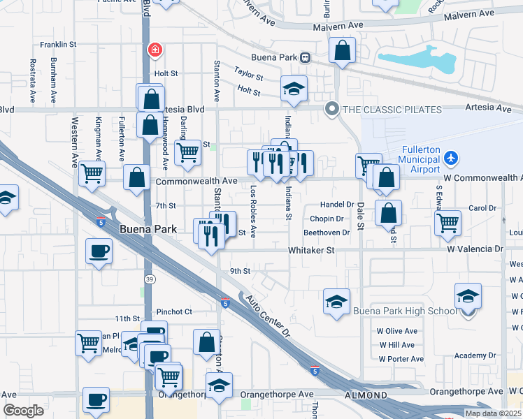 map of restaurants, bars, coffee shops, grocery stores, and more near 6342 Los Robles Avenue in Buena Park