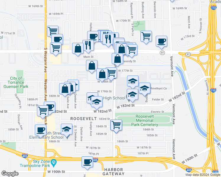 map of restaurants, bars, coffee shops, grocery stores, and more near 1419 West 179th Street in Gardena