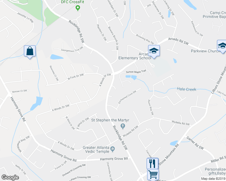 map of restaurants, bars, coffee shops, grocery stores, and more near 5326 Corsham Court in Lilburn