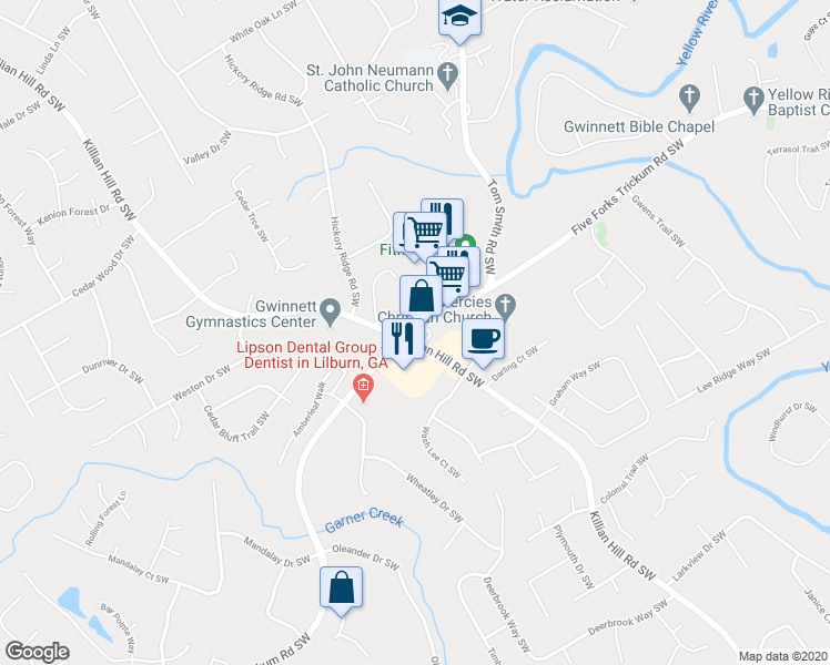 map of restaurants, bars, coffee shops, grocery stores, and more near 4032 Five Forks Trickum Road Southwest in Lilburn