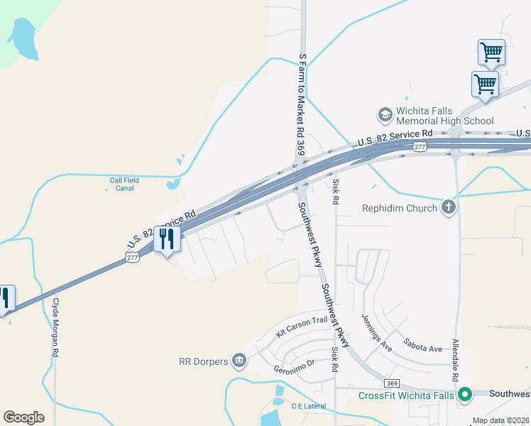 map of restaurants, bars, coffee shops, grocery stores, and more near 4402 Ward Street in Wichita Falls
