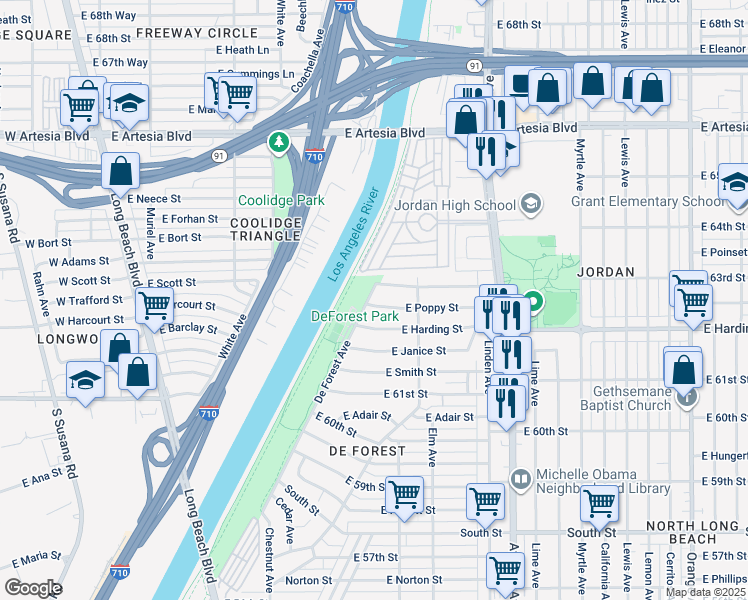 map of restaurants, bars, coffee shops, grocery stores, and more near 335 East Poppy Street in Long Beach