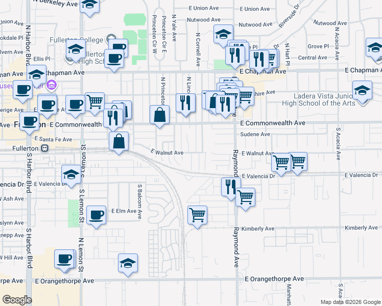 map of restaurants, bars, coffee shops, grocery stores, and more near 905 E Walnut Ave in Fullerton