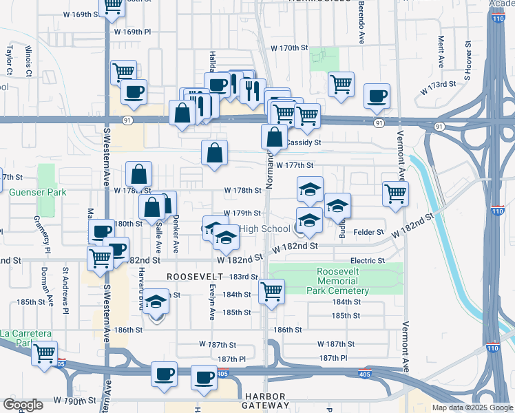 map of restaurants, bars, coffee shops, grocery stores, and more near 1419 West 179th Street in Gardena