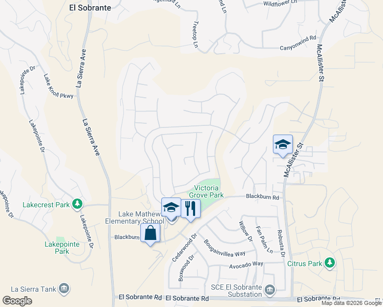 map of restaurants, bars, coffee shops, grocery stores, and more near 12372 Skywood Court in Riverside