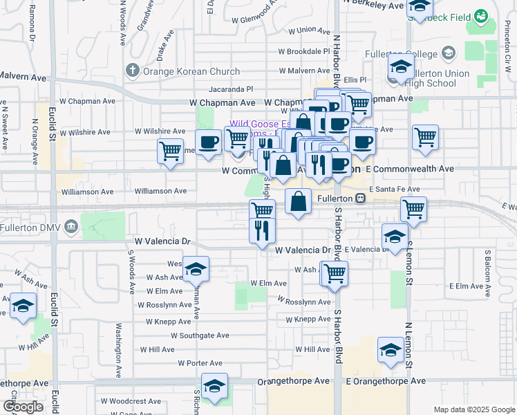 map of restaurants, bars, coffee shops, grocery stores, and more near 250 West Santa Fe Avenue in Fullerton